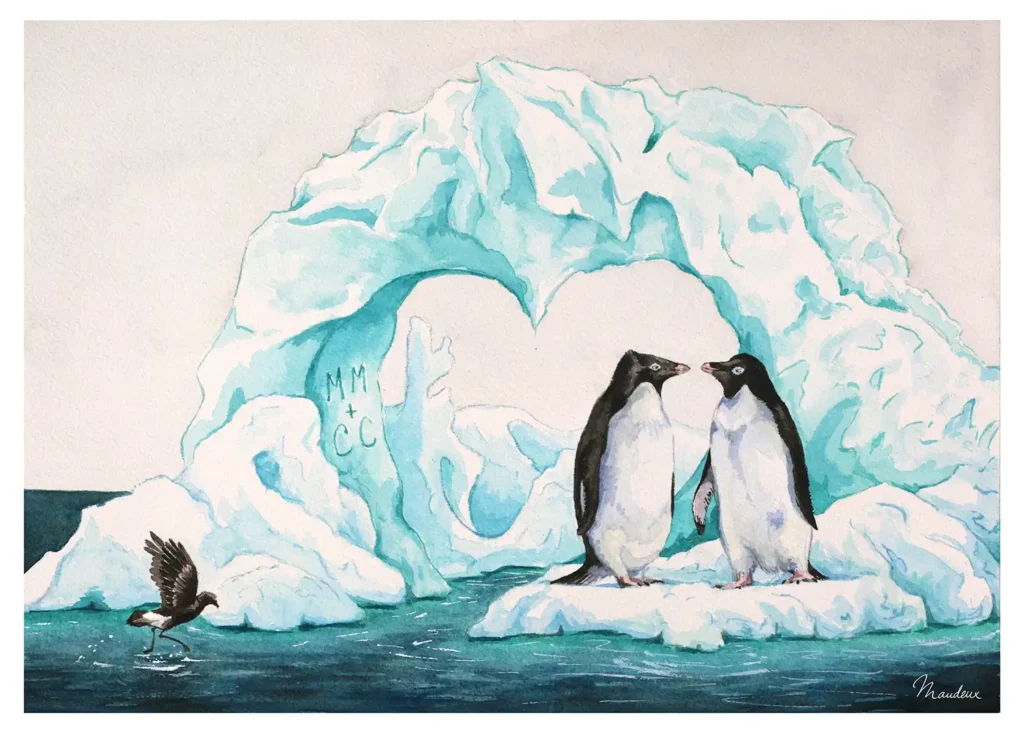 Aquarelle représentant un couple de manchots Adélie amoureux sur un iceberg en forme de cœur. Au premier plan, un océanite de Wilson vole au-dessus de l'eau.