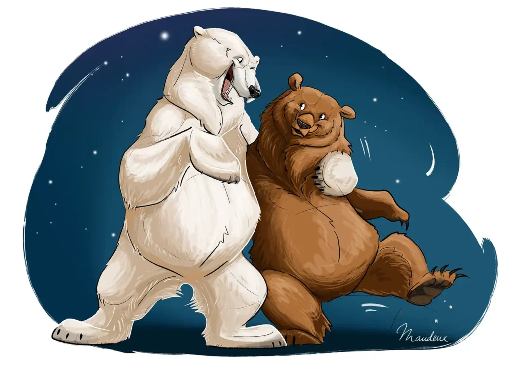 Digital illustration showing a polar bear arm in arm with a grizzly bear.