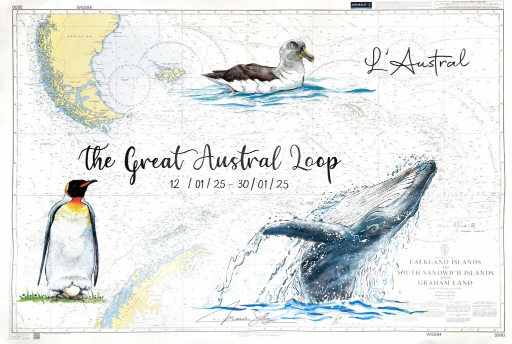 Carte marine de la mer de Scotia (Antarctique) montrant un albatros à tête grise, une baleine à bosse en train de sauter et un manchot royal sur son œuf.