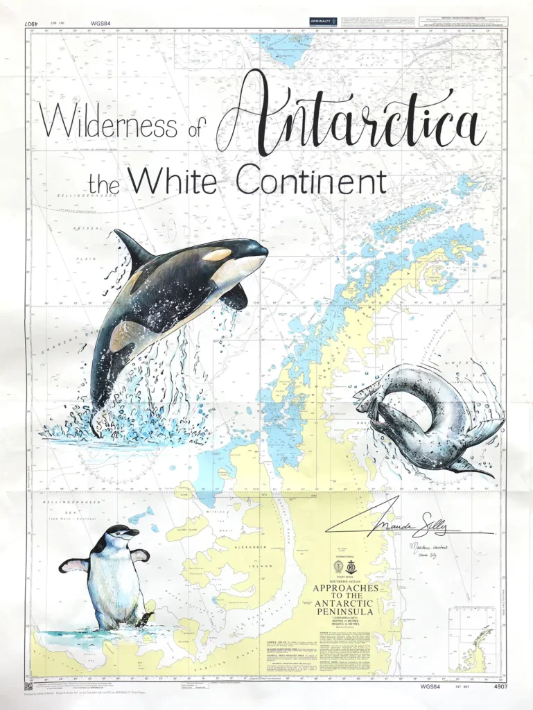Sea chart of the Antarctic Peninsula showing a leaping killer whale, a leopard seal and a chinstrap penguin.