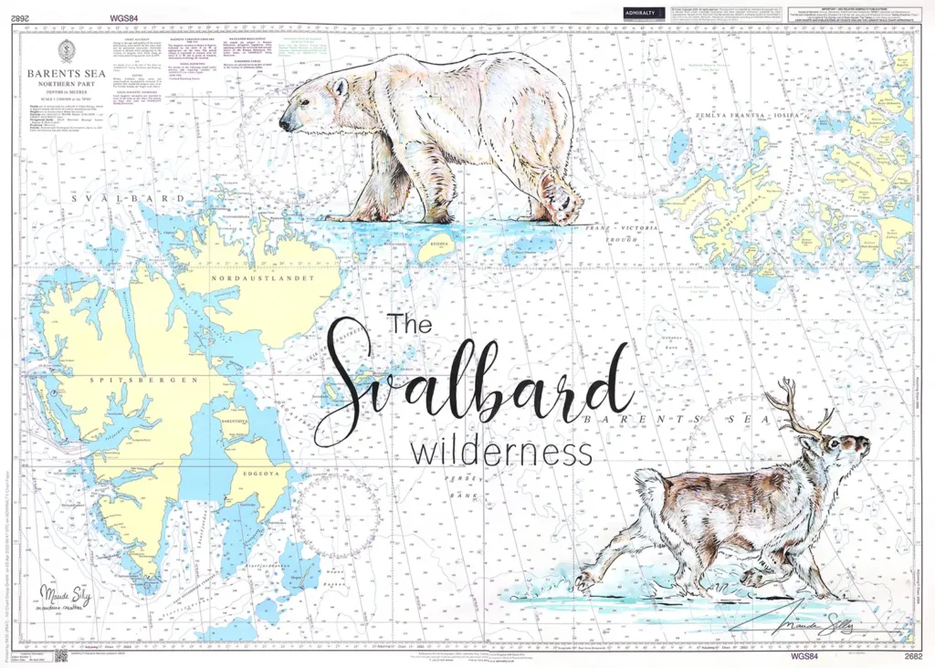 Carte marine peinte du Svalbard représentant un ours polaire et un renne.