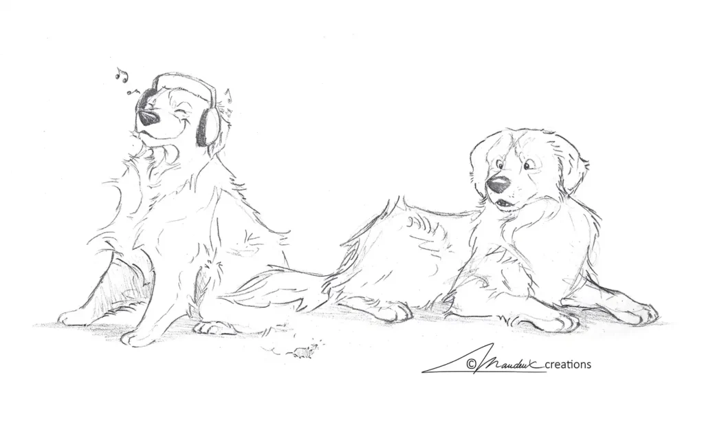 Sketch of 2 golden retrievers (dogs), one listening to music through headphones and the other looking at a mouse.