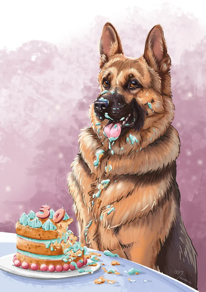 Digital paint illustration of a beger allement who has just eaten a raspberry pistachio birthday cake.