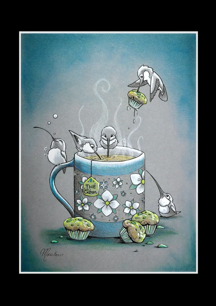 Dry pastel drawing of hummingbirds around a tea mug with small cup cakes around it