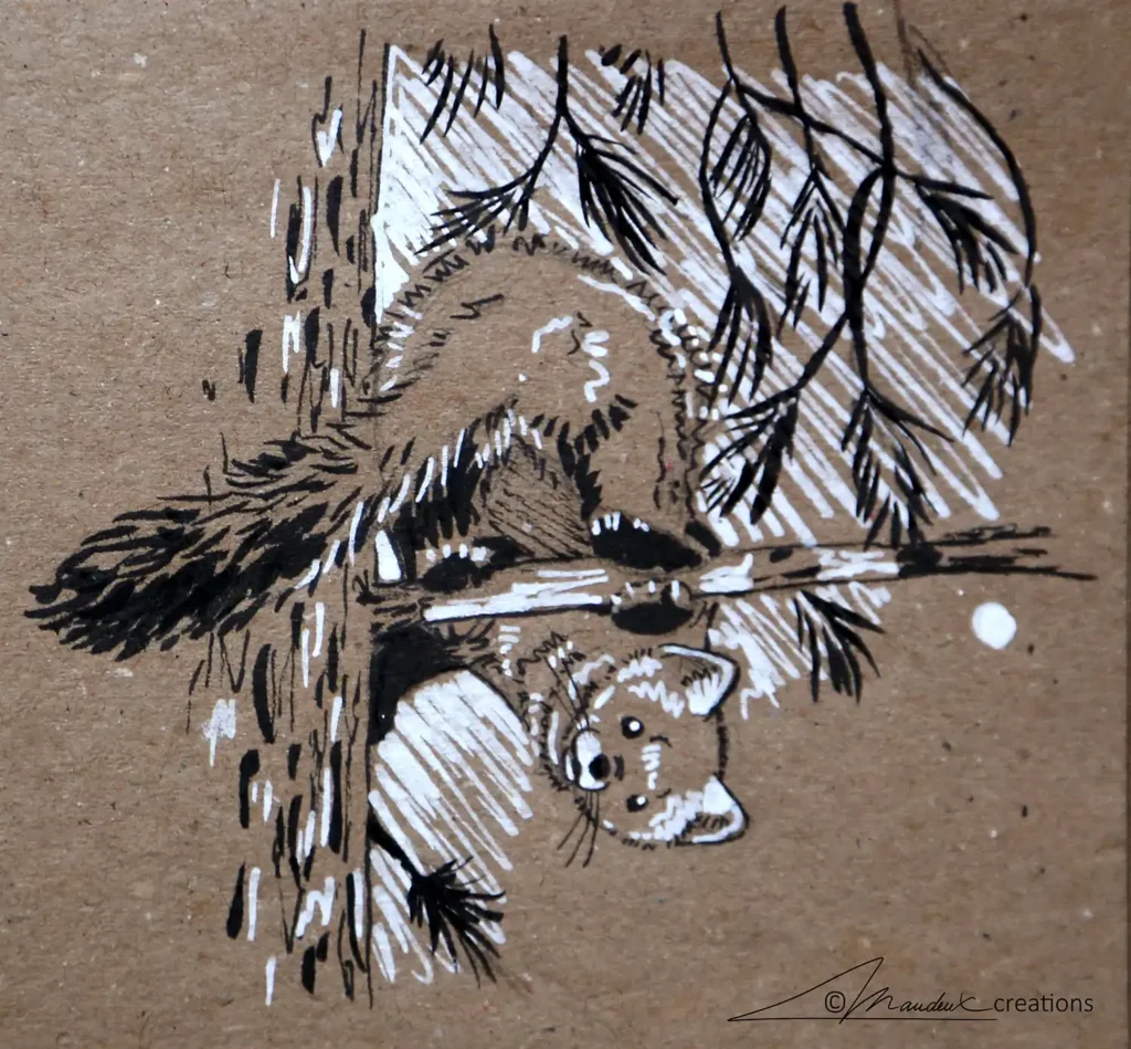 Illustration of an american marten leaning upside down on a branch. Drawing in Indian ink and white acrylic.