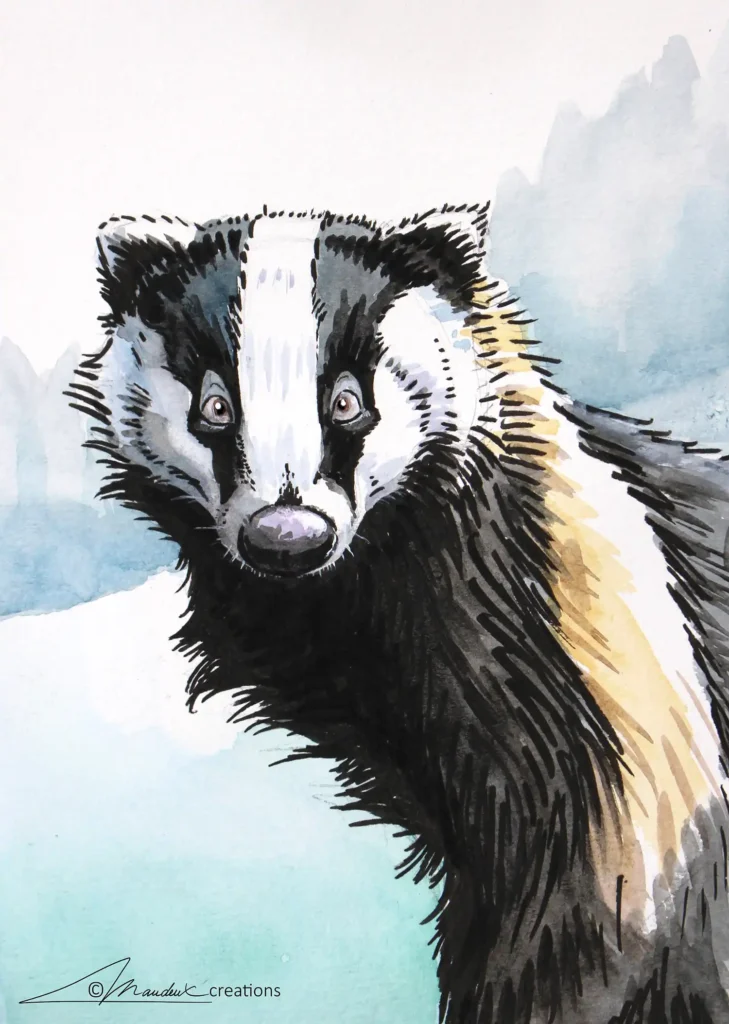 Portrait de blaireau mignon peint à l'aquarelle et à l'encre noire.