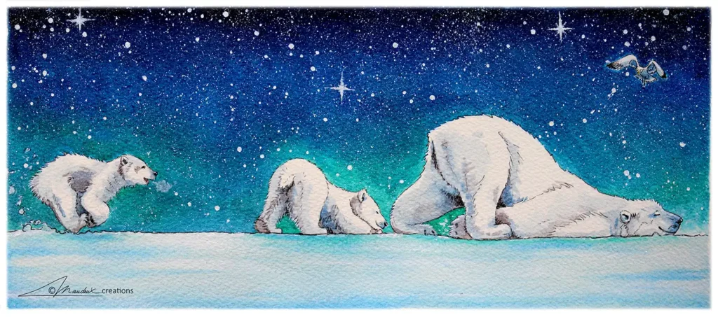 Ink drawing of a polar bear and her 2 cubs walking in the polar night