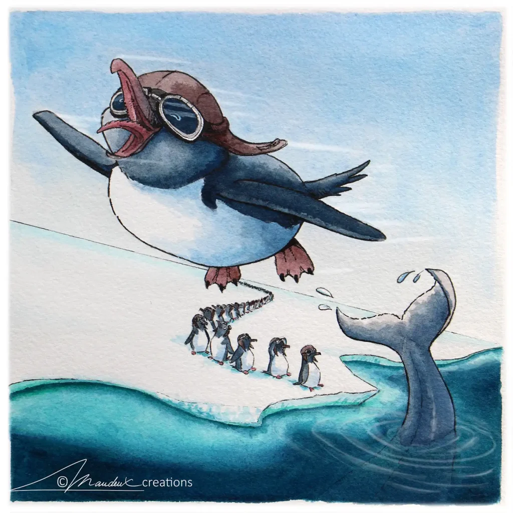 Dessin à l'encre colorée représentant un manchot qui s'envole grace à une baleine qui l'a propulsé dans les airs. Pendant qu'une file interminable de manchot attend son tour pour une initiation au vol
