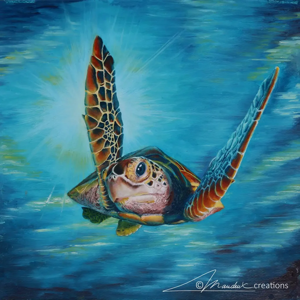 Peinture à l'huile hyper réaliste représentant une tortue marine
